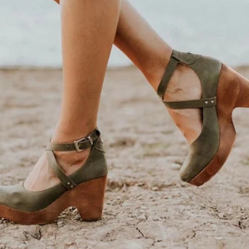 Green Clog Mary Jane Criss Cross Wedge